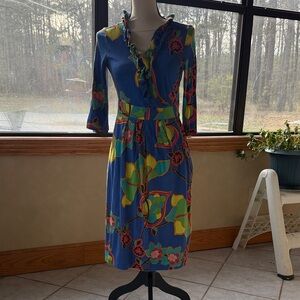 Lilly Pulitzer Blue Floral Ruffled V-Neck Midi Dress